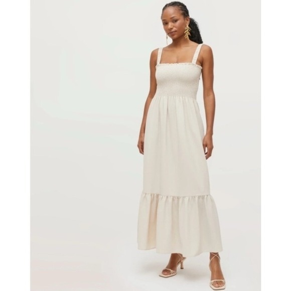 Hill House Home Nap Dress Smocked Maxi Dress Beige L Pockets Minimalist Neutral - Picture 1 of 11